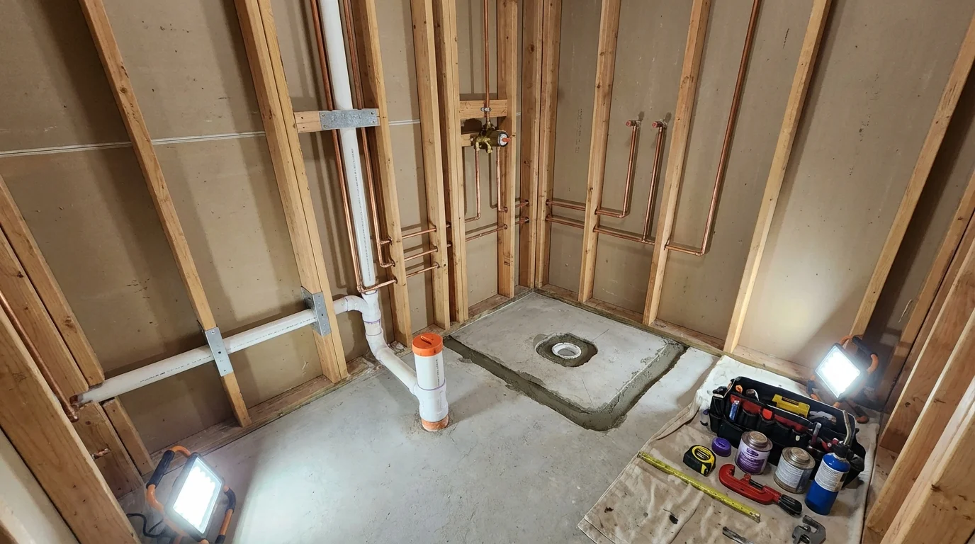 Bathroom rough-in plumbing during remodel by Johns Plumbing LLC in Surgoinsville