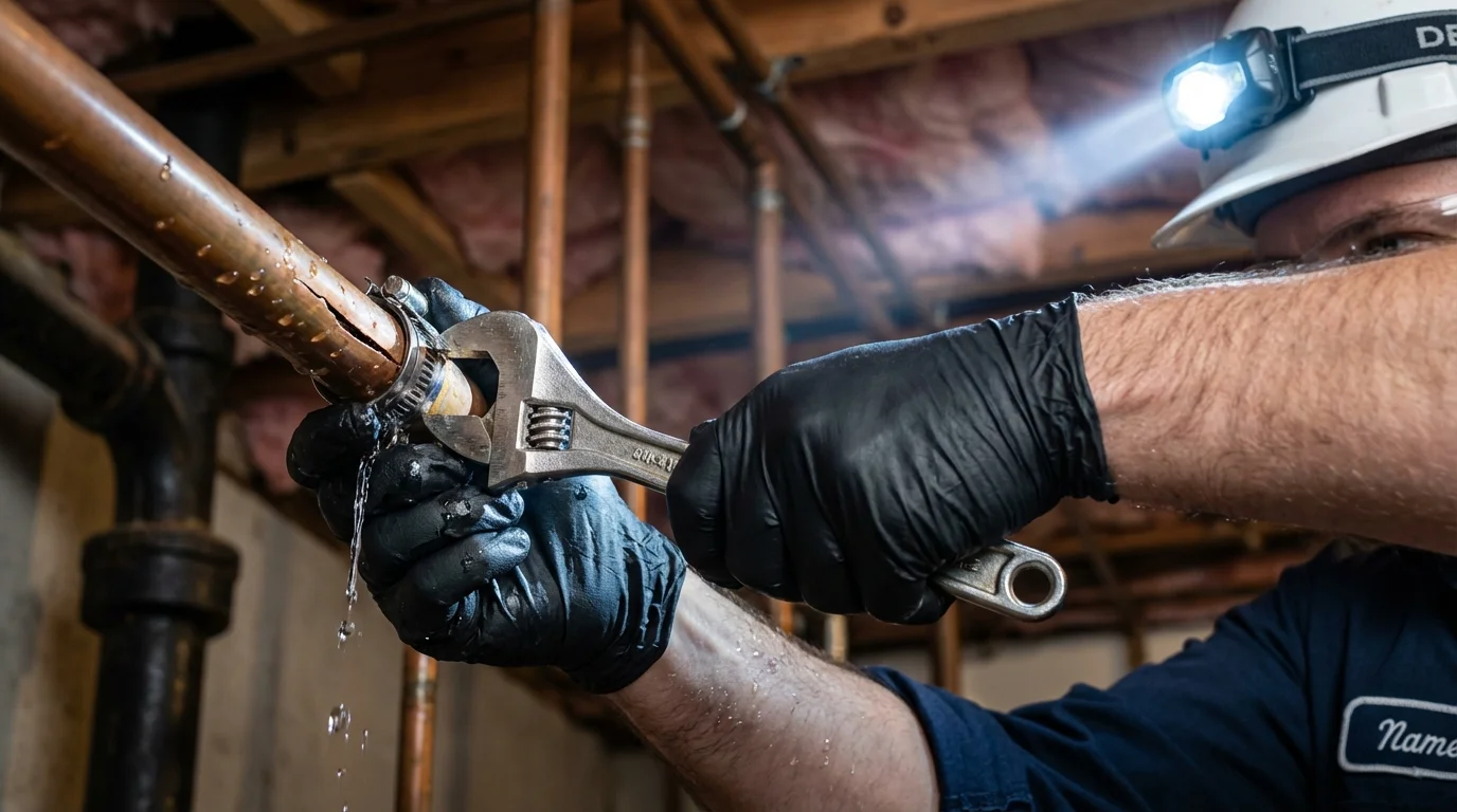 Emergency pipe clamp repair being performed by a Johns Plumbing LLC plumber in Surgoinsville