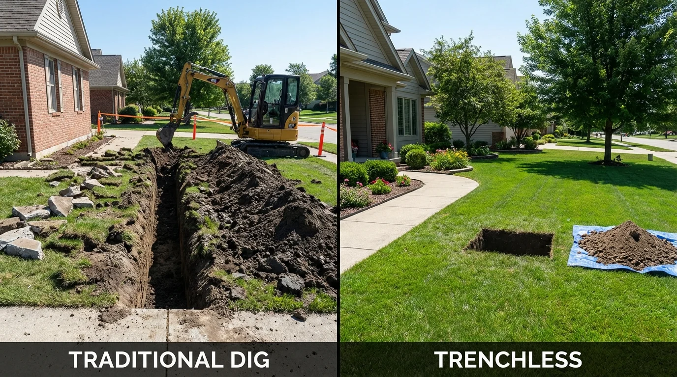 Trenchless sewer repair with minimal yard damage versus traditional excavation in Surgoinsville, TN