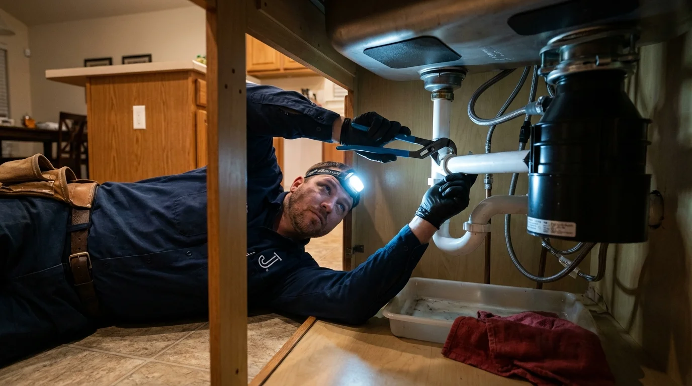 P-trap and supply line connections under a kitchen sink showing a common leak point in Surgoinsville, TN